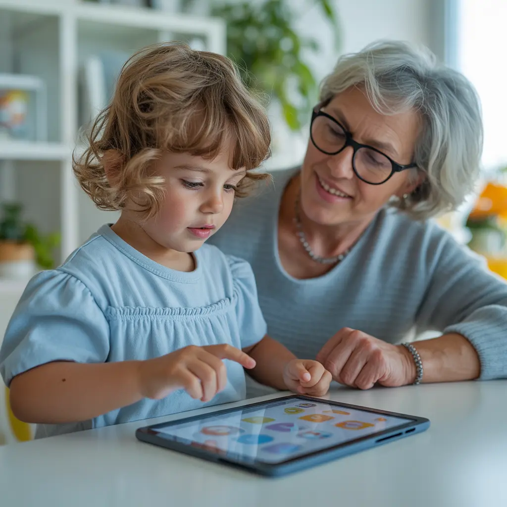 babá para criança com autismo acompanhando uso de tablet de comunicação alternativa