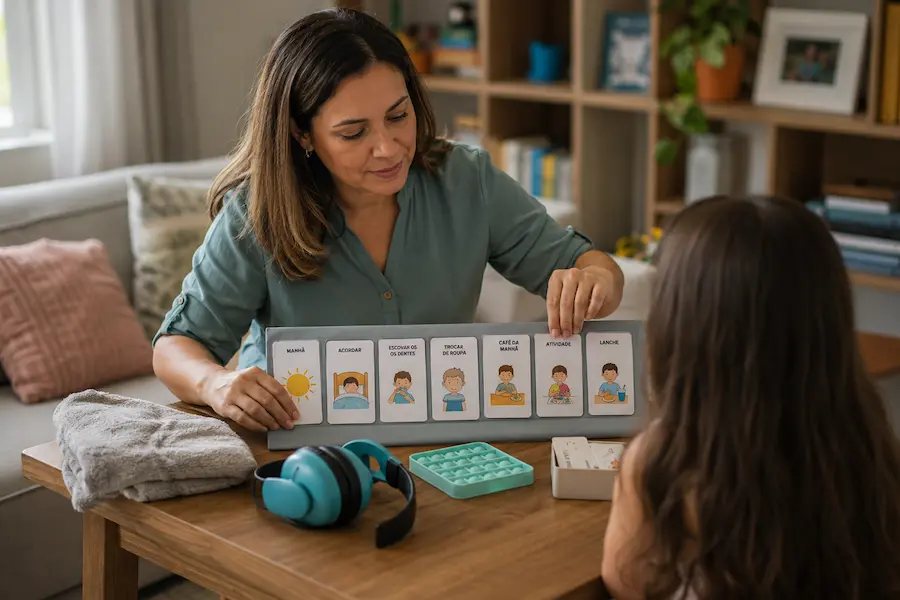 baba-para-crianca-com-autismo Cuidadora organiza um quadro de rotina visual com cartões ilustrados e materiais sensoriais para ajudar uma criança com autismo em um ambiente doméstico acolhedor.