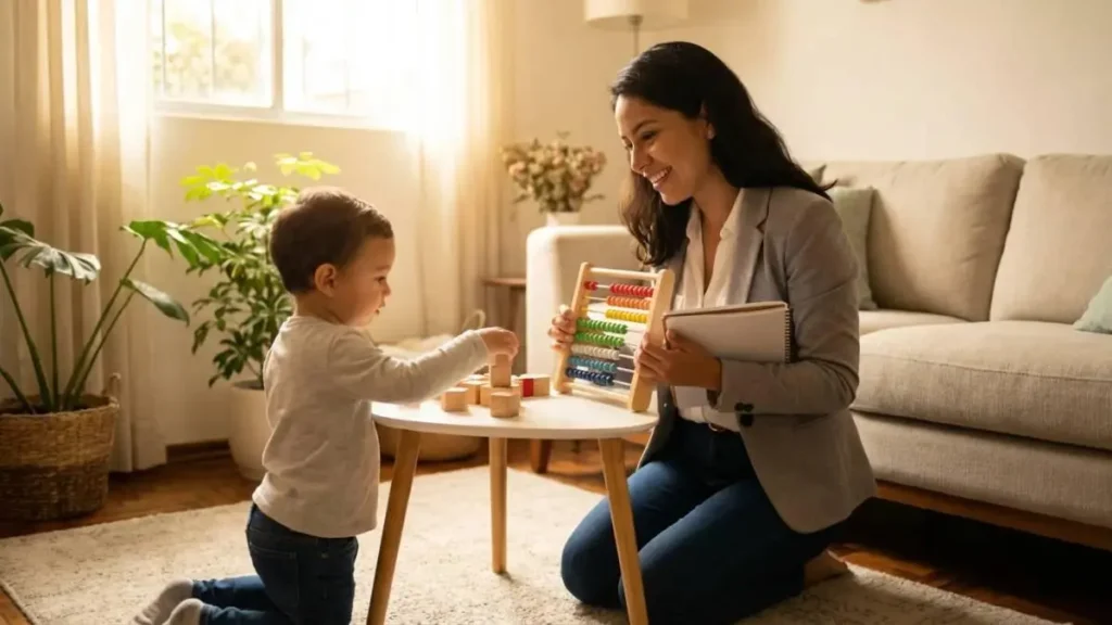 Babá profissional brincando com criança pequena e estimulando o desenvolvimento infantil em casa