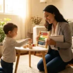 Babá profissional brincando com criança pequena e estimulando o desenvolvimento infantil em casa