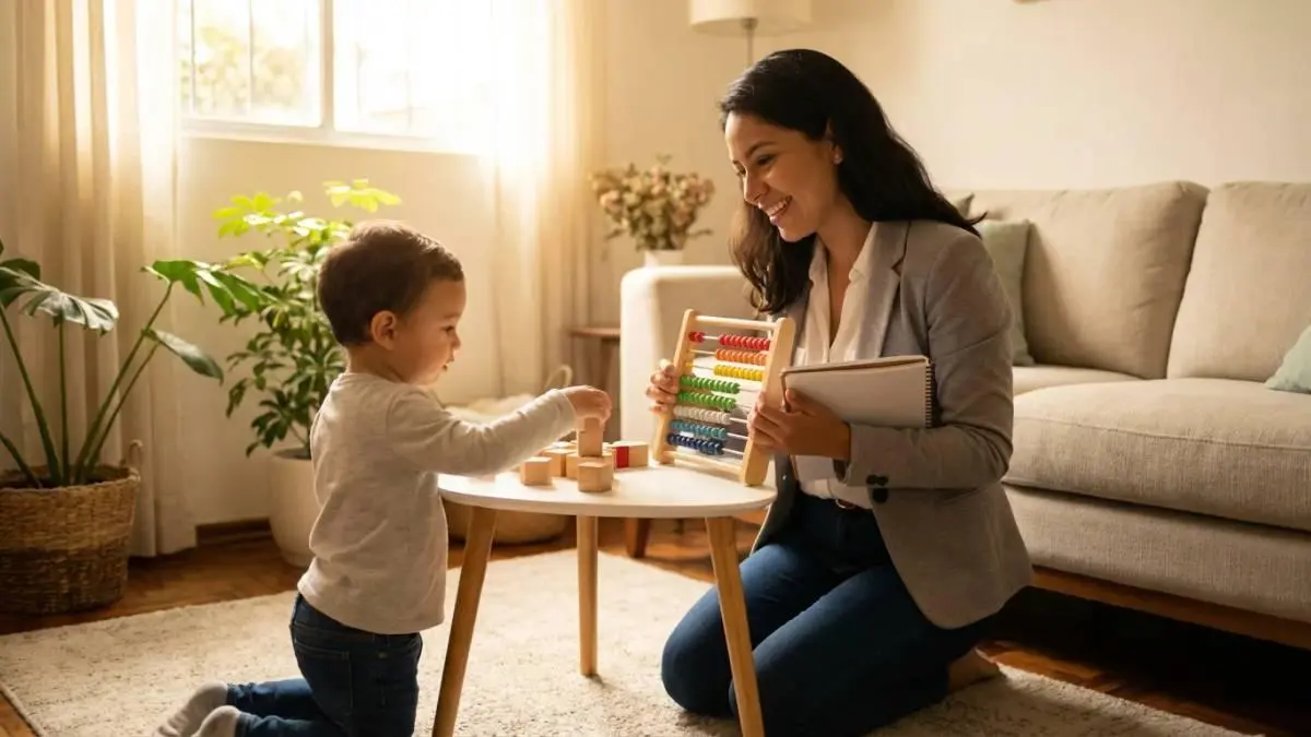 Babá profissional brincando com criança pequena e estimulando o desenvolvimento infantil em casa