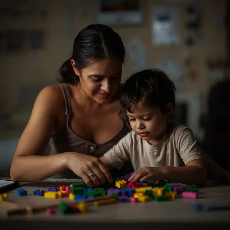 babá para criança com autismo brincando com blocos educativos em ambiente tranquilo