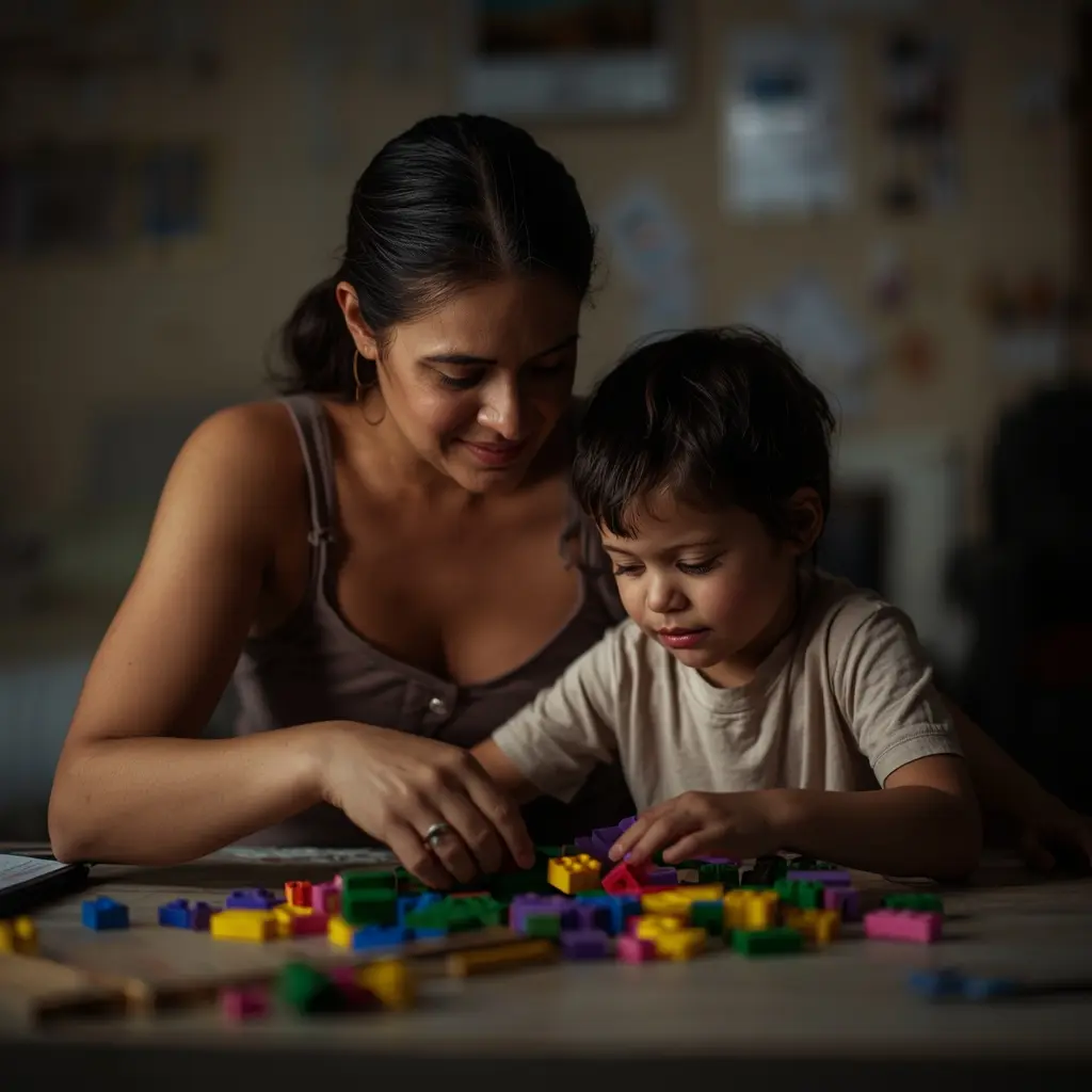 babá para criança com autismo brincando com blocos educativos em ambiente tranquilo