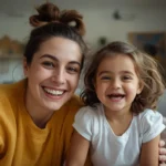 Como ser babá no exterior — babá sorrindo com criança em sala de estar