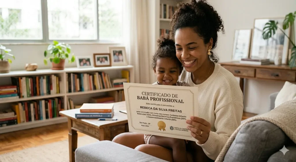 Mulher estudando cursos para babá com certificado na mão
