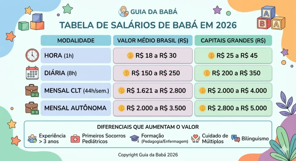 quanto-ganha-uma-baba tabela de salário de babá por hora e mensalidade em 2026