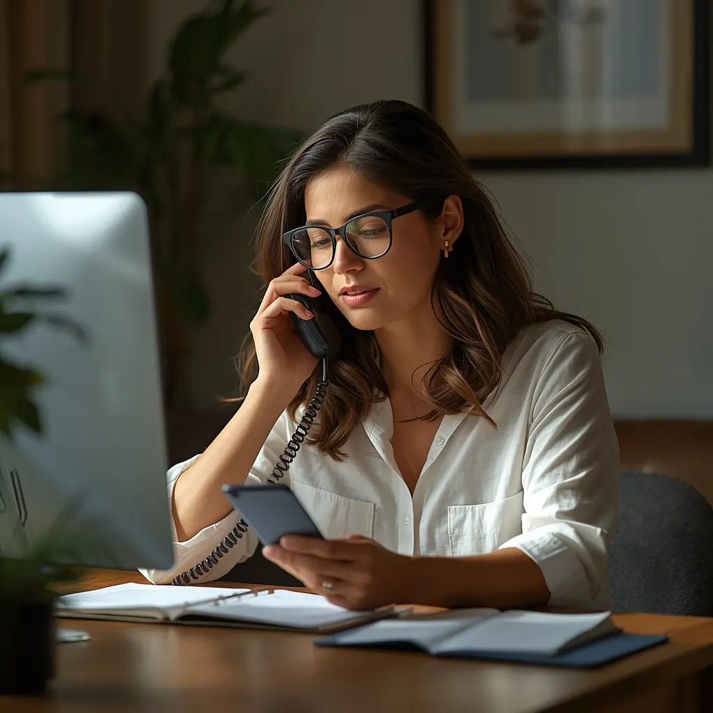 Como encontrar babá de confiança : mãe verificando referências de babá por telefone com anotações