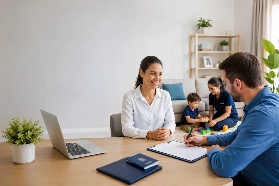 como-contratar-baba Babá sorridente cuidando de uma criança em uma sala de estar organizada enquanto um dos pais assina documentos de contratação sobre uma mesa com notebook, contrato e carteira de trabalho, representando a formalização do emprego doméstico.