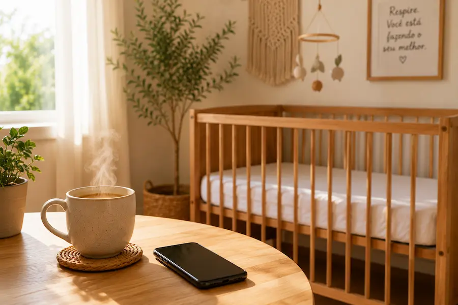 berço vazio ao fundo com celular na mesa representando o protocolo de segurança da babá — colocar o bebê no berço e ligar para os pais quando necessário