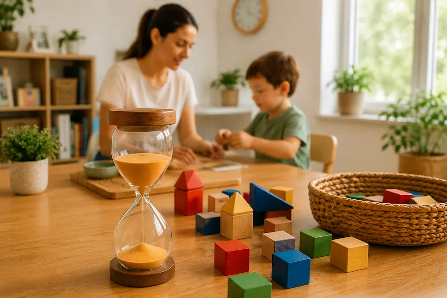 Criança brincando com massinha durante o bloco silencioso da tarde enquanto a babá organiza a mochila em ambiente acolhedor.