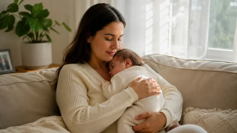 babá acolhendo bebê no colo no sofá com luz natural — como lidar com o choro do bebê de forma tranquila e segura