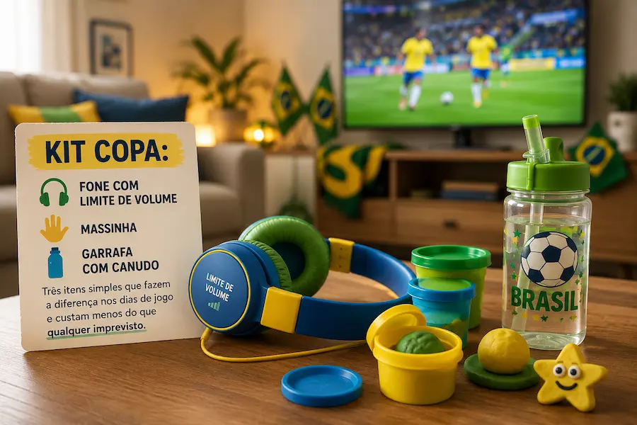 kit copa para babá com fone infantil com limite de volume, massinha colorida e garrafa com canudo para manter a rotina da criança durante os jogos
