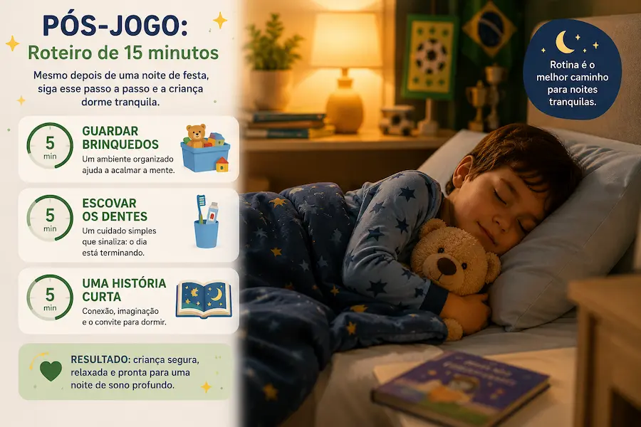 roteiro pós-jogo da Copa em 15 minutos: guardar brinquedos, escovar os dentes e história curta para a criança dormir tranquila