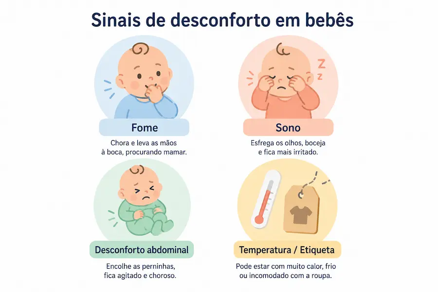infográfico sinais de desconforto em bebês: fome, sono, desconforto abdominal e temperatura — guia visual para babás identificarem o tipo de choro