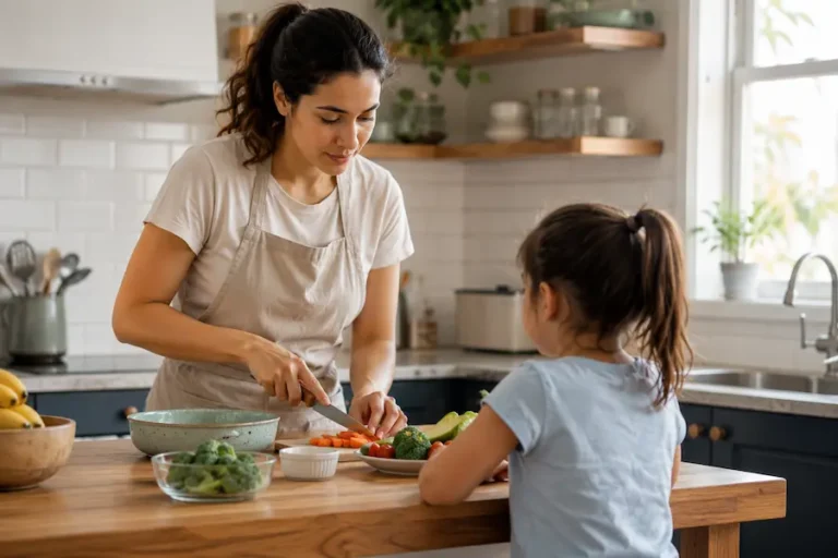 Tarefas de uma babá profissional: cuidadora preparando refeição da criança