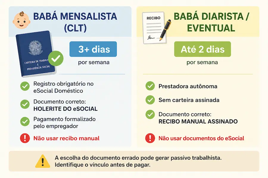 diferença babá mensalista clt e diarista eventual documento correto recibo esocial