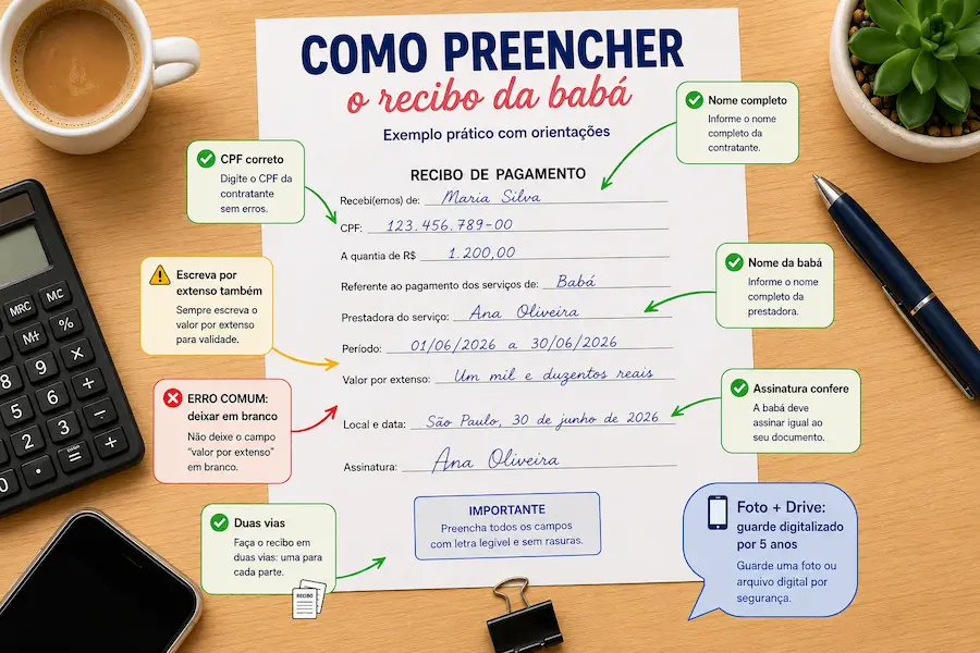 como preencher recibo de pagamento babá diarista exemplo prático com orientações