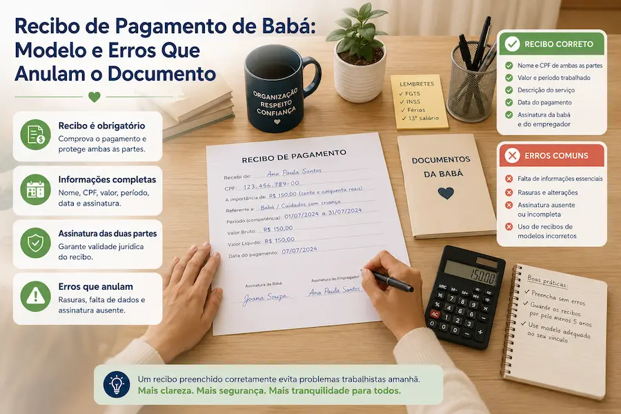 Babá preenchendo e assinando um recibo de pagamento em uma cozinha organizada, com destaque para os campos obrigatórios, erros que invalidam o documento e orientações sobre o preenchimento correto.
