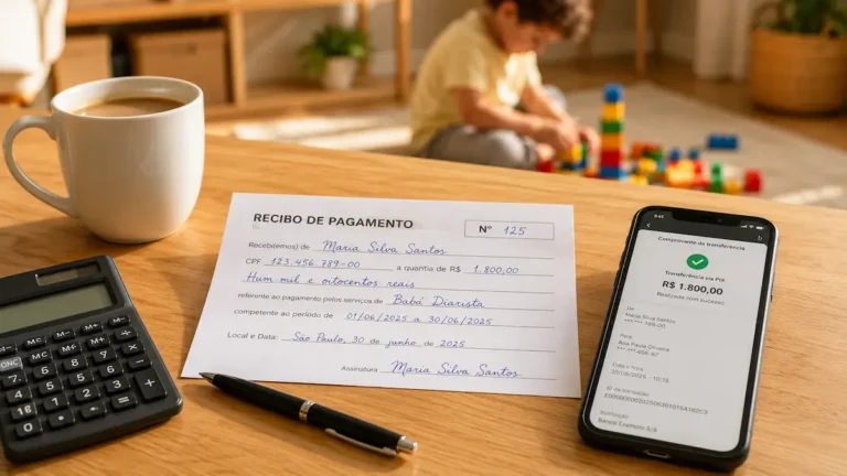recibo de pagamento babá diarista preenchido com comprovante pix ao lado