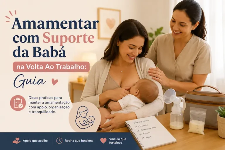 Mãe amamentando o bebê enquanto recebe suporte da babá na volta ao trabalho