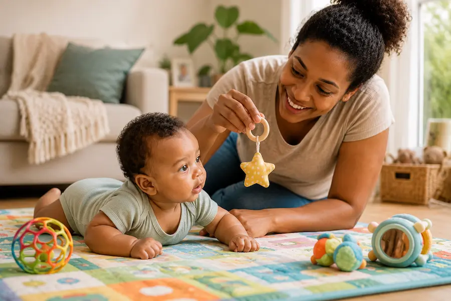 Bebê de 4 meses alcançando um brinquedo durante atividade de estimulação motora supervisionada.
