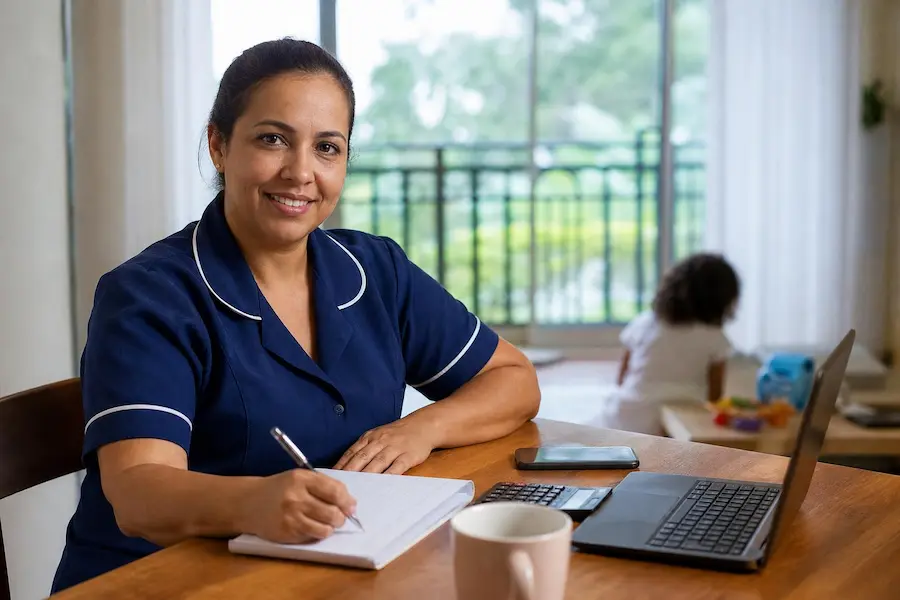 Babá ou cuidadora de uniforme azul sentada à mesa organizando papéis ao lado de uma calculadora, notebook e celular