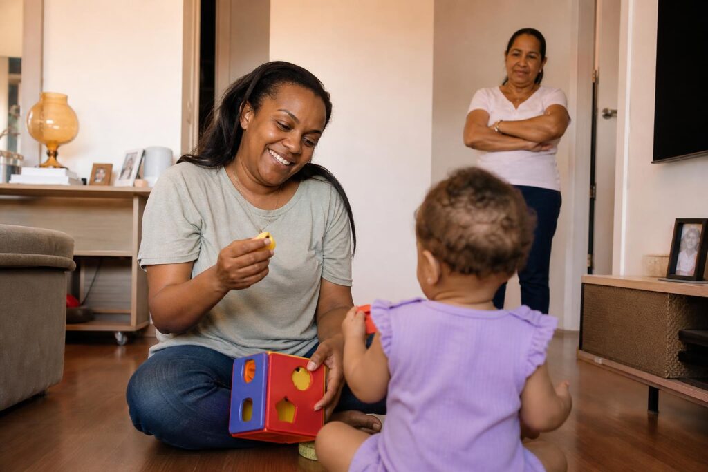 como-encontrar-baba-de-confianca Mulher sorridente sentada no chão brincando com um bebê usando um brinquedo de encaixe de formas coloridas, enquanto outra mulher ao fundo observa em pé com os braços cruzados na sala.