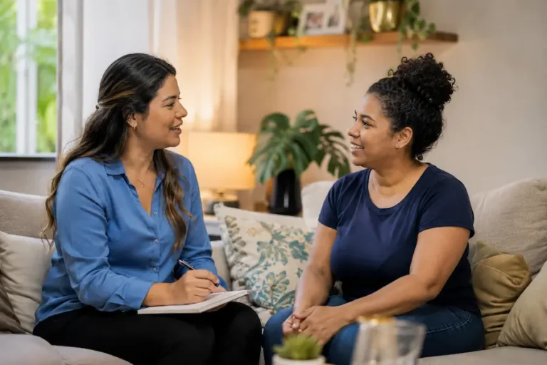 Como encontrar babá de confiança: mãe entrevistando cuidadora em ambiente acolhedor