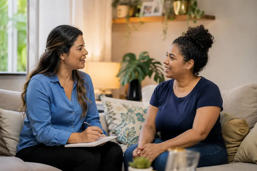 Como encontrar babá de confiança: mãe entrevistando cuidadora em ambiente acolhedor
