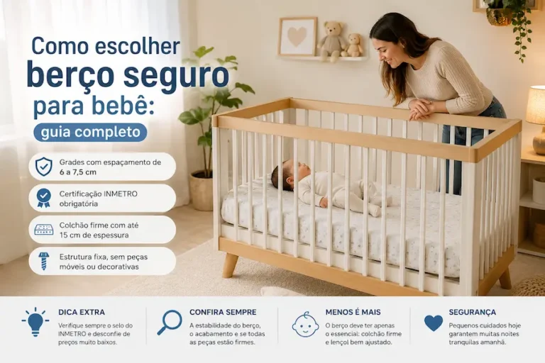 Mãe observando um bebê dormindo em um berço seguro, com colchão firme e estrutura certificada, em um quarto infantil moderno e aconchegante.