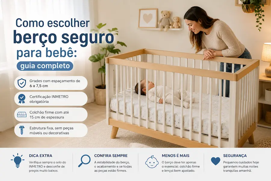 Mãe observando um bebê dormindo em um berço seguro, com colchão firme e estrutura certificada, em um quarto infantil moderno e aconchegante.