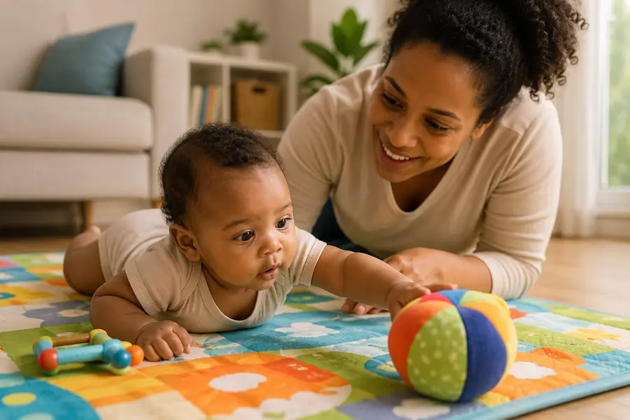 Cuidadora estimulando o desenvolvimento motor de um bebê de 4 meses durante uma sessão de tummy time em casa.