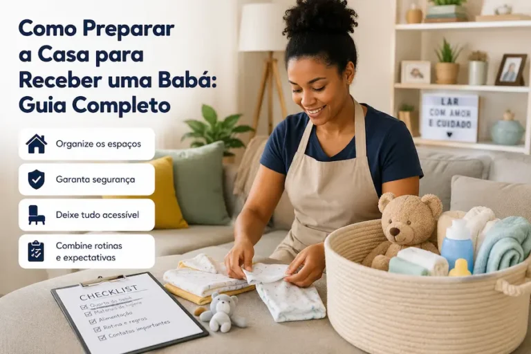 Babá organizando roupas e itens essenciais para o bebê em uma sala de estar aconchegante, ilustrando como preparar a casa para receber uma babá pela primeira vez.