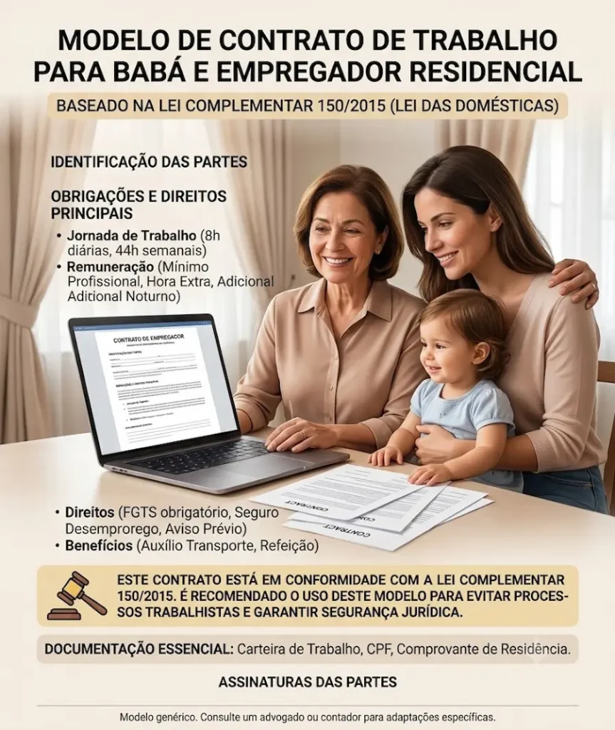 direitos-da-baba Uma pessoa assinando um contrato de trabalho de babá sobre uma mesa com caneta, carteira de trabalho e óculos de leitura ao lado.