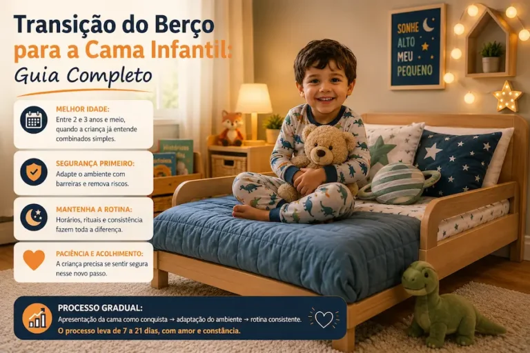 Criança sorrindo abraçada a um ursinho em cama infantil durante a adaptação do berço para um novo ambiente de sono seguro e acolhedor.