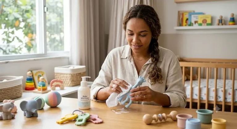 Babá sentada à mesa em um quarto infantil iluminado, limpando cuidadosamente mordedores de silicone e brinquedos de bebê com um pano macio e sabão neutro.
