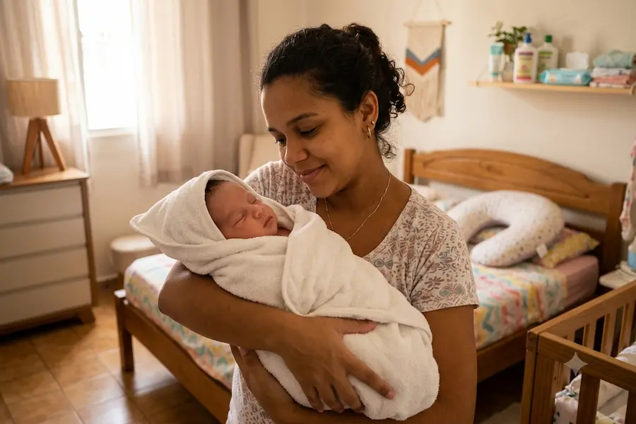 Mulher sorri com carinho ao segurar um bebê recém-nascido completamente coberto por uma toalha macia branca com capuz, em um quarto de bebê aconchegante iluminado por luz natural.