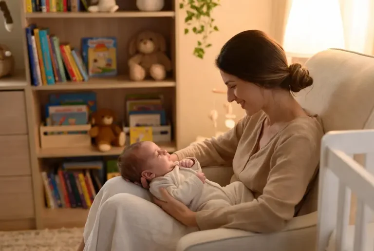 Mãe brasileira de pele morena clara, cabelos castanhos presos em coque baixo, sentada em poltrona de amamentação no quarto infantil à noite, embalando delicadamente seu bebê de cerca de 6 meses que está adormecendo. Iluminação quente e suave de luminária, ambiente aconchegante com estante de livros e pelúcias ao fundo.