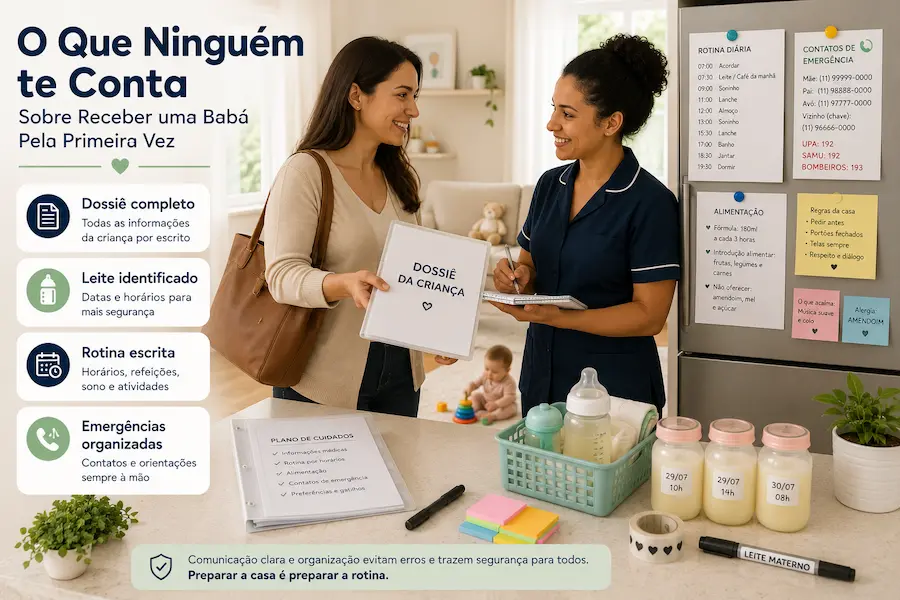 como-preparar-a-casa-para-receber-uma-baba-pela-primeira-vez Mãe entrega um dossiê da criança para a babá em uma cozinha organizada, com rotina, contatos de emergência e leite materno identificado na geladeira, mostrando como preparar a casa para receber uma babá pela primeira vez.