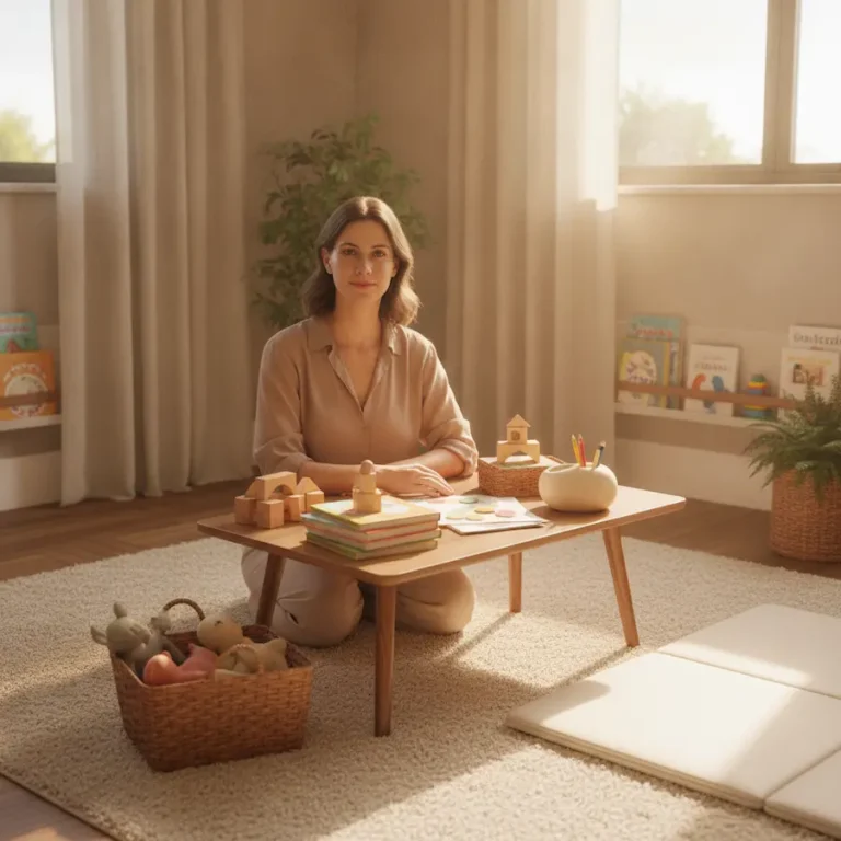 Babá organiza materiais educativos e brinquedos pedagógicos para realizar atividades com crianças em ambiente acolhedor.