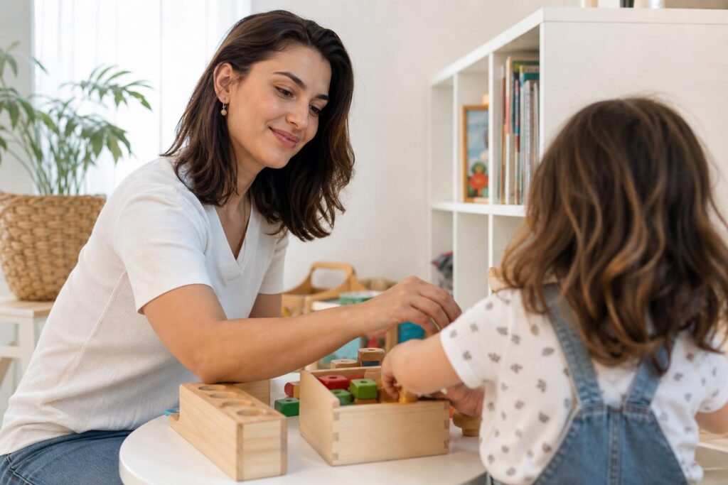 profissao-baba-combina-comigo Babá brinca com criança pequena em ambiente doméstico, demonstrando atenção, paciência e interação durante os cuidados infantis.