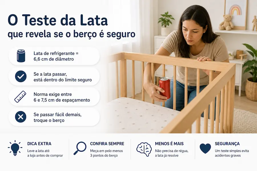 Mulher testando o espaçamento entre as grades de um berço de madeira com uma lata de refrigerante, ilustrando um método prático para verificar se o berço atende aos padrões de segurança para bebês.