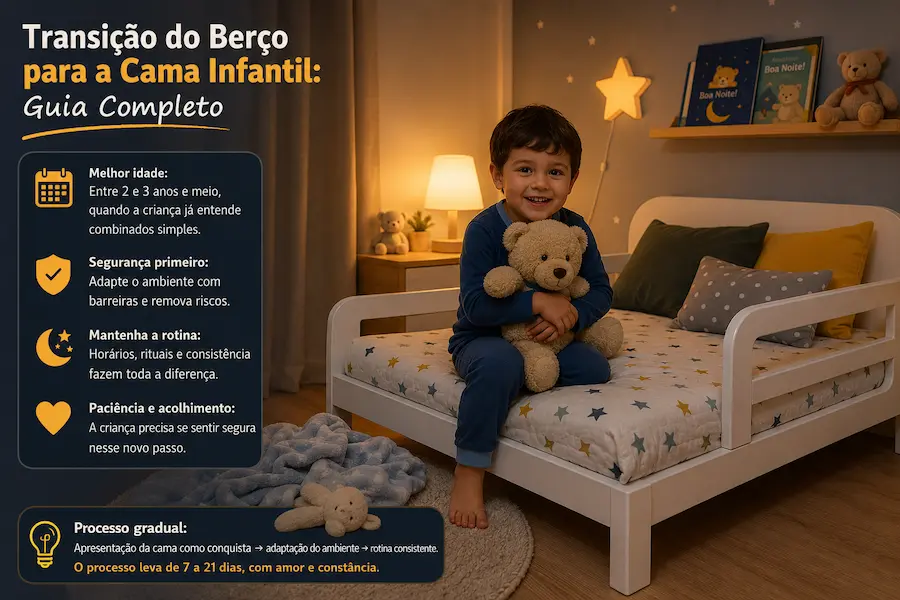 Criança pequena sentada em cama infantil com ursinho em quarto aconchegante durante a transição do berço para a cama infantil.