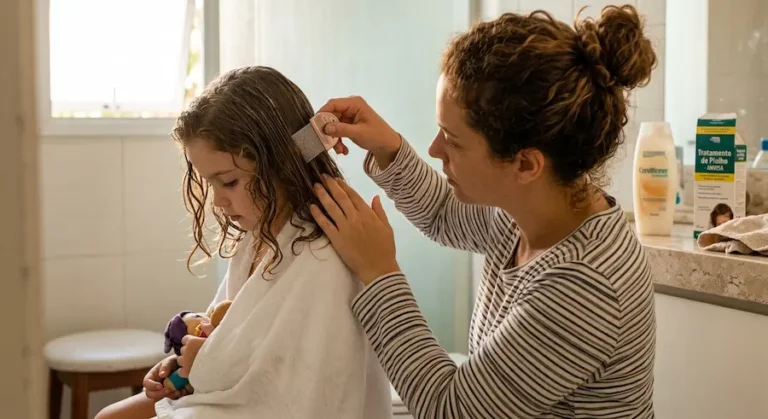 Uma foto de close-up no estilo documental em um banheiro residencial acolhedor. As mãos de uma mulher com cabelos cacheados presos em um coque diligenciam um pente fino de metal nos cabelos úmidos e com condicionador de uma menina de 6 anos que está sentada pacientemente de toalha branca. A mulher usa uma camisa listrada e a menina está segurando um brinquedo. O foco está no pente metálico removendo lêndeas perto da têmpora da menina. Ao fundo, uma garrafa de condicionador e uma caixa de tratamento de piolhos com rótulo "ANVISA" estão na bancada, desfocadas.