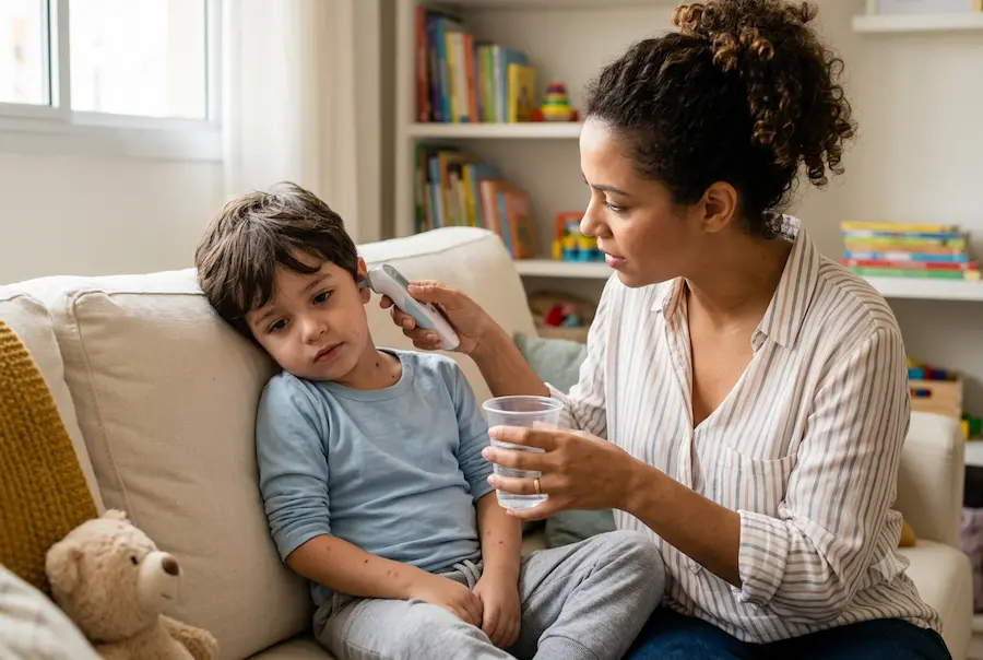 Babá verificando a temperatura de uma criança de 4 anos com termômetro digital enquanto oferece um copo de água em uma sala de estar iluminada e acolhedora.