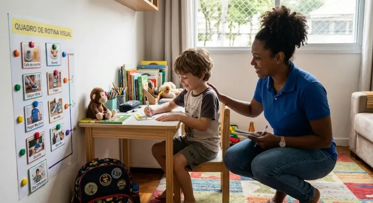 Babá sorridente ajoelhada ao lado de um menino com TDAH que desenha em uma mesa infantil. Na parede ao lado, há um quadro de rotina visual com cartões coloridos de tarefas diárias.