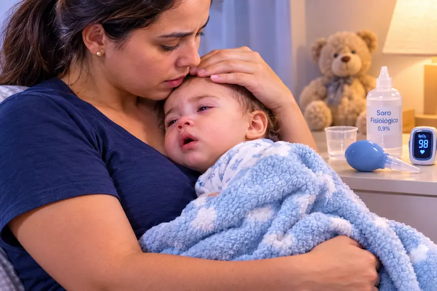 Mãe cuidando de bebê com bronquiolite em casa com lavagem nasal e atenção aos sinais de alerta
