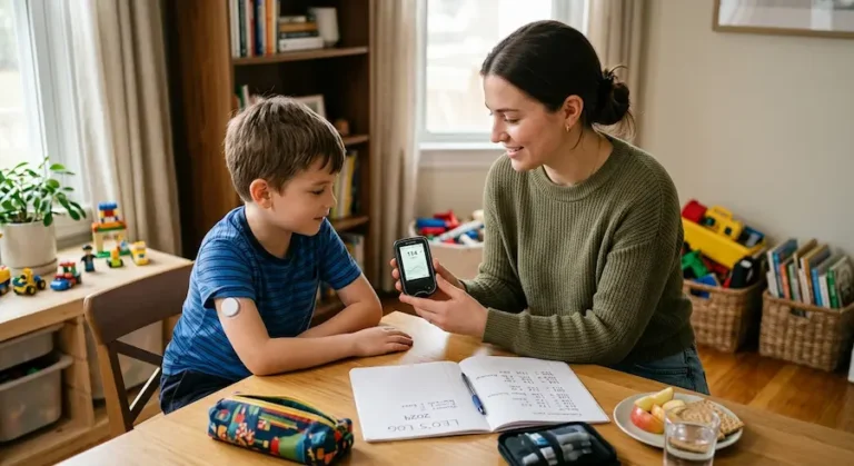 Babá cuidando de criança com diabetes tipo 1 e acompanhando a glicemia