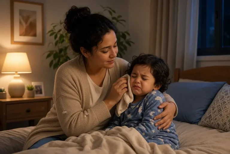 Mãe consolando criança pequena com dor de ouvido em casa, aplicando compressa quente no ouvido enquanto a abraça com carinho em um quarto aconchegante à noite.