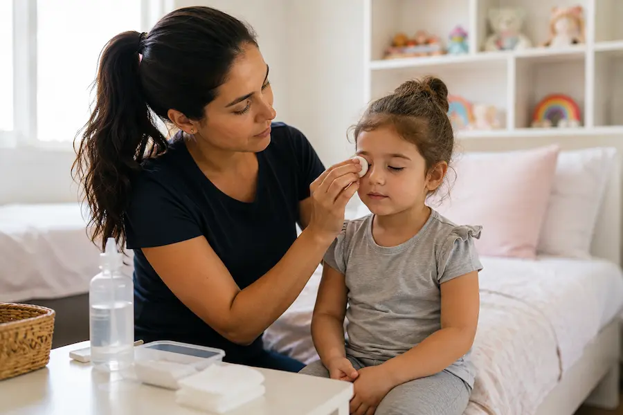 Babá cuidando da higiene dos olhos de criança com conjuntivite em casa